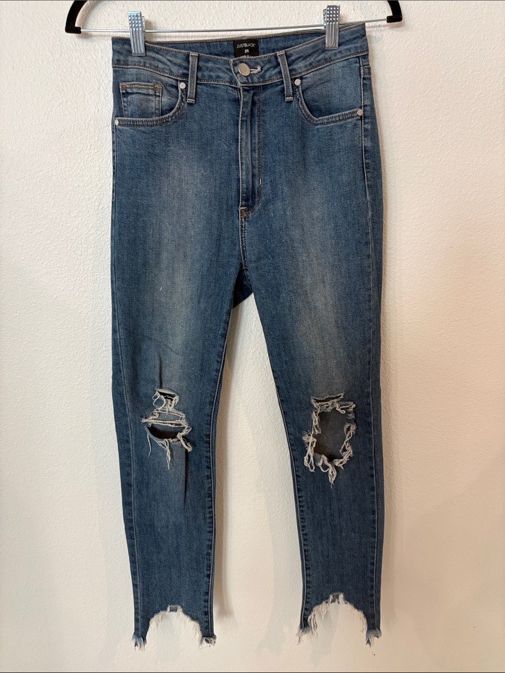 Just Black Denim High Rise Distressed Skinny Jeans Size 26 Step Fray Hem Blue